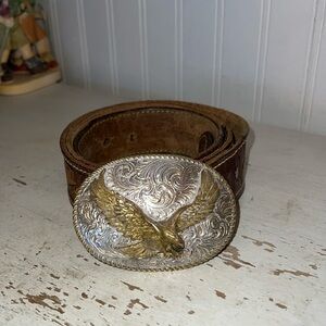 Vintage El Arturo Crumrine belt buckle eagle tooled leather belt 40”-48” bronze